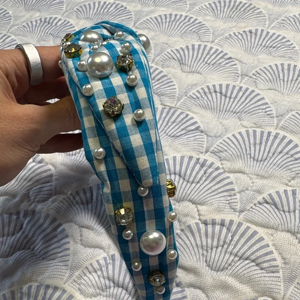 Blue Gingham Pearl Crystal Knotted Headband Preppy Coastal Statement